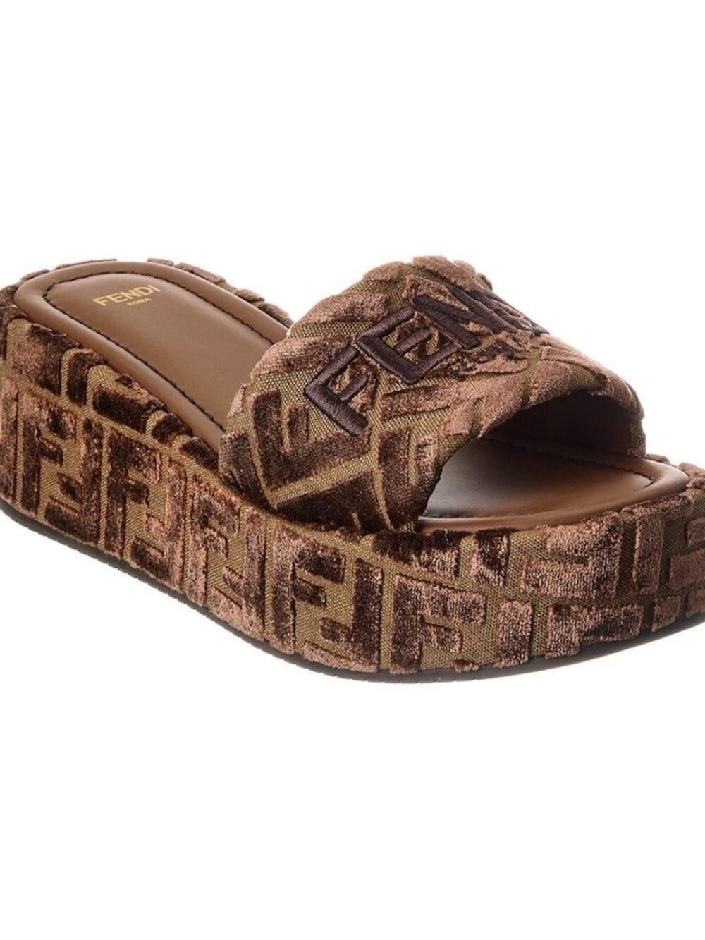 FENDI Sunshine Burnout Velvet FF Logo Platform Slide Mule Wedge Heel Sandals